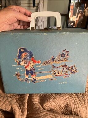 Vintage 1950’s Luce Blue Fabric Covered Children’s Suitcase With a Pirate Theme